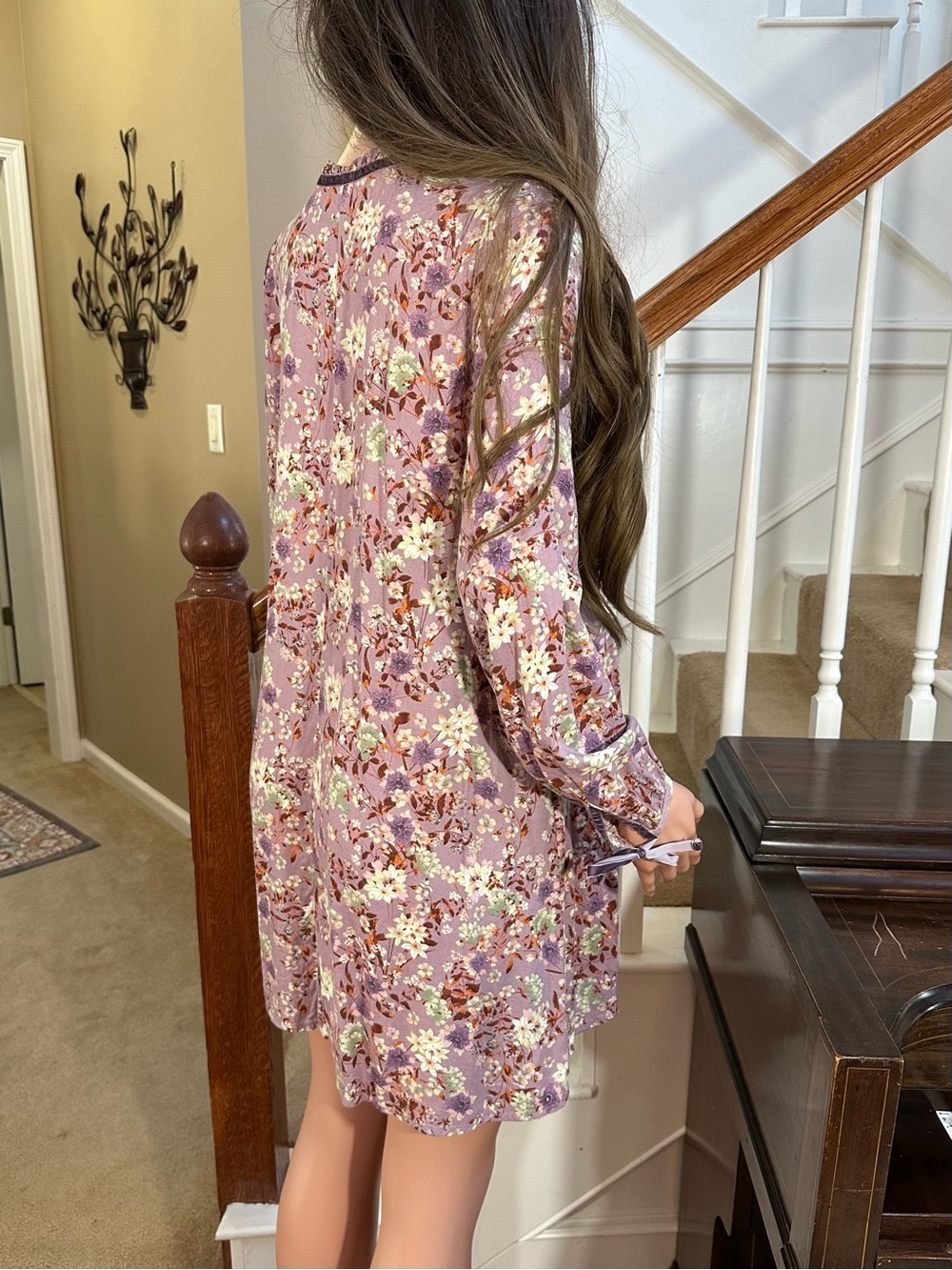 Lavender Floral Tie-Neck babydoll shift Dress - Picture 15 of 16